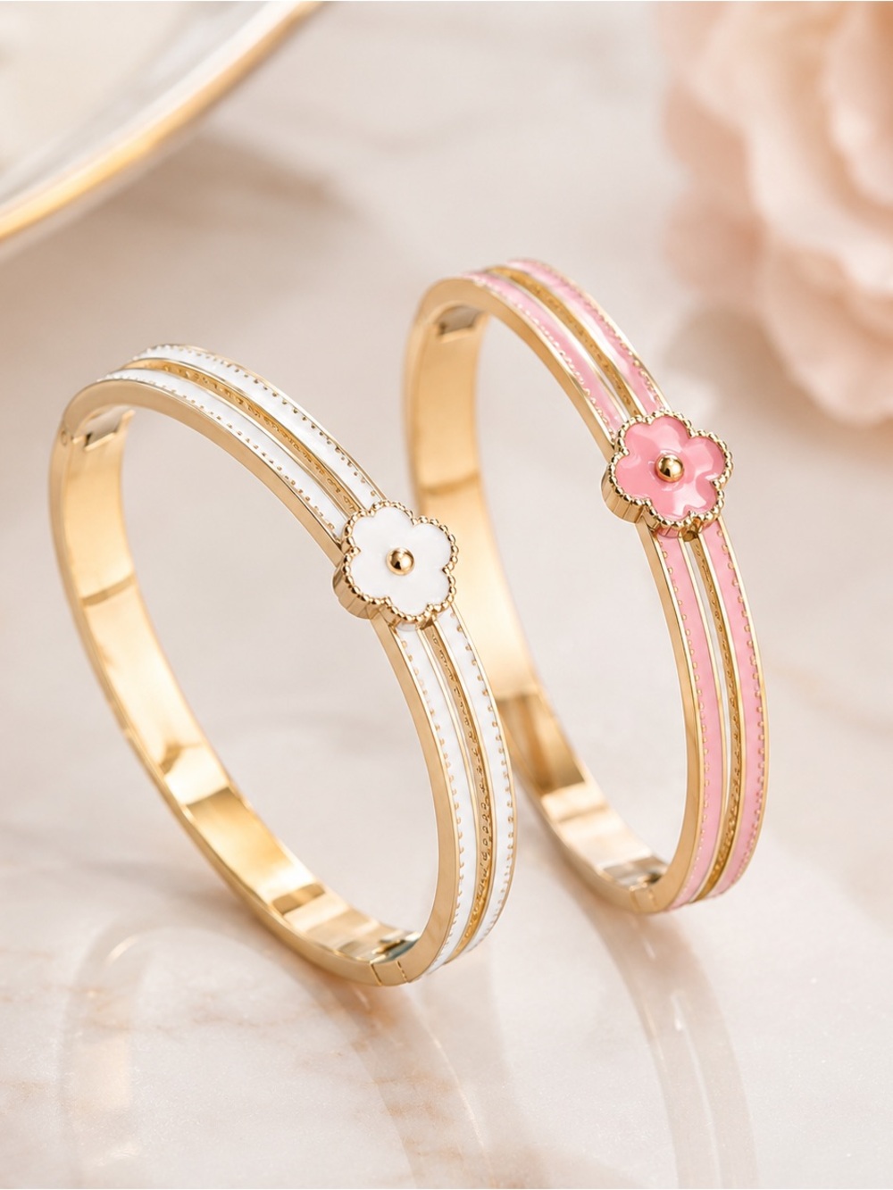 White Flower Gold Tone Bangle Bracelet